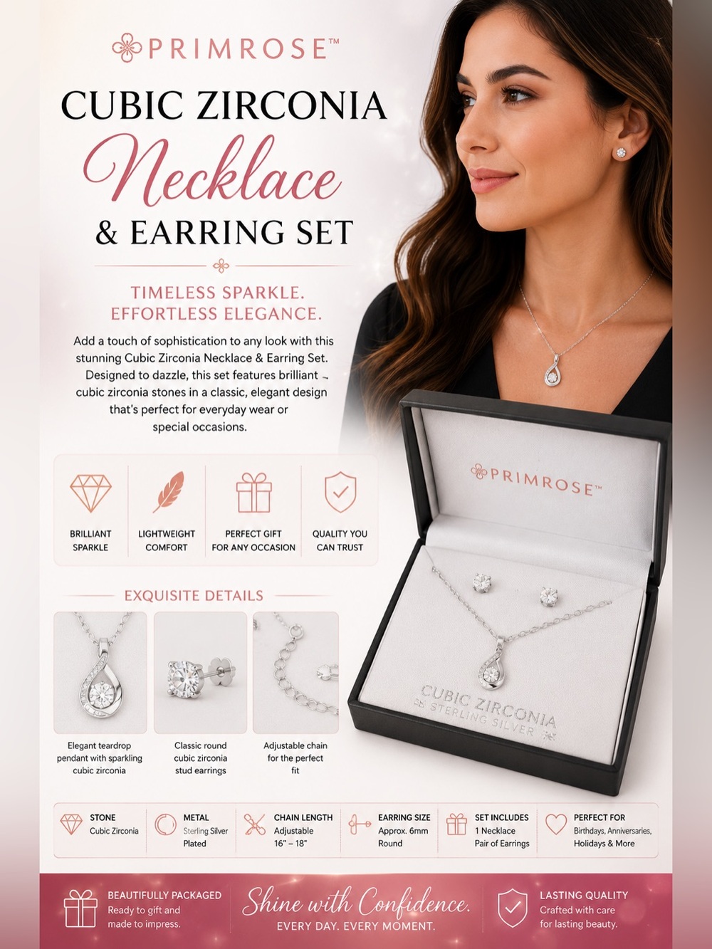 Silver Cubic Zirconia Necklace & Earring Set - White
